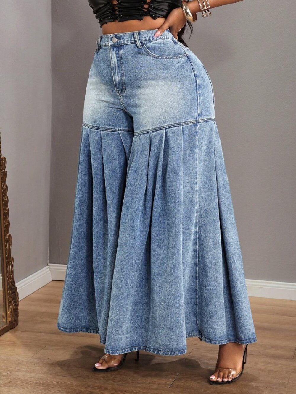 Coffee Brown Casual Women's Plus Size Pleated Wide Leg Denim Maxi Skirt - Picture 3 of 7